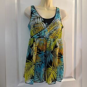 Tropical Leaf Print Denim & Co Beach Swim Dress Sz 8